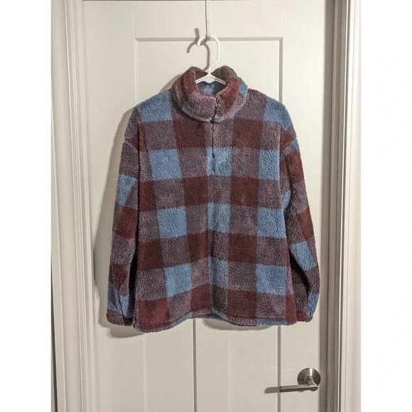 Eddie Bauer checkered quarter zip teddy sweatshirt sz L - Picture 2 of 5
